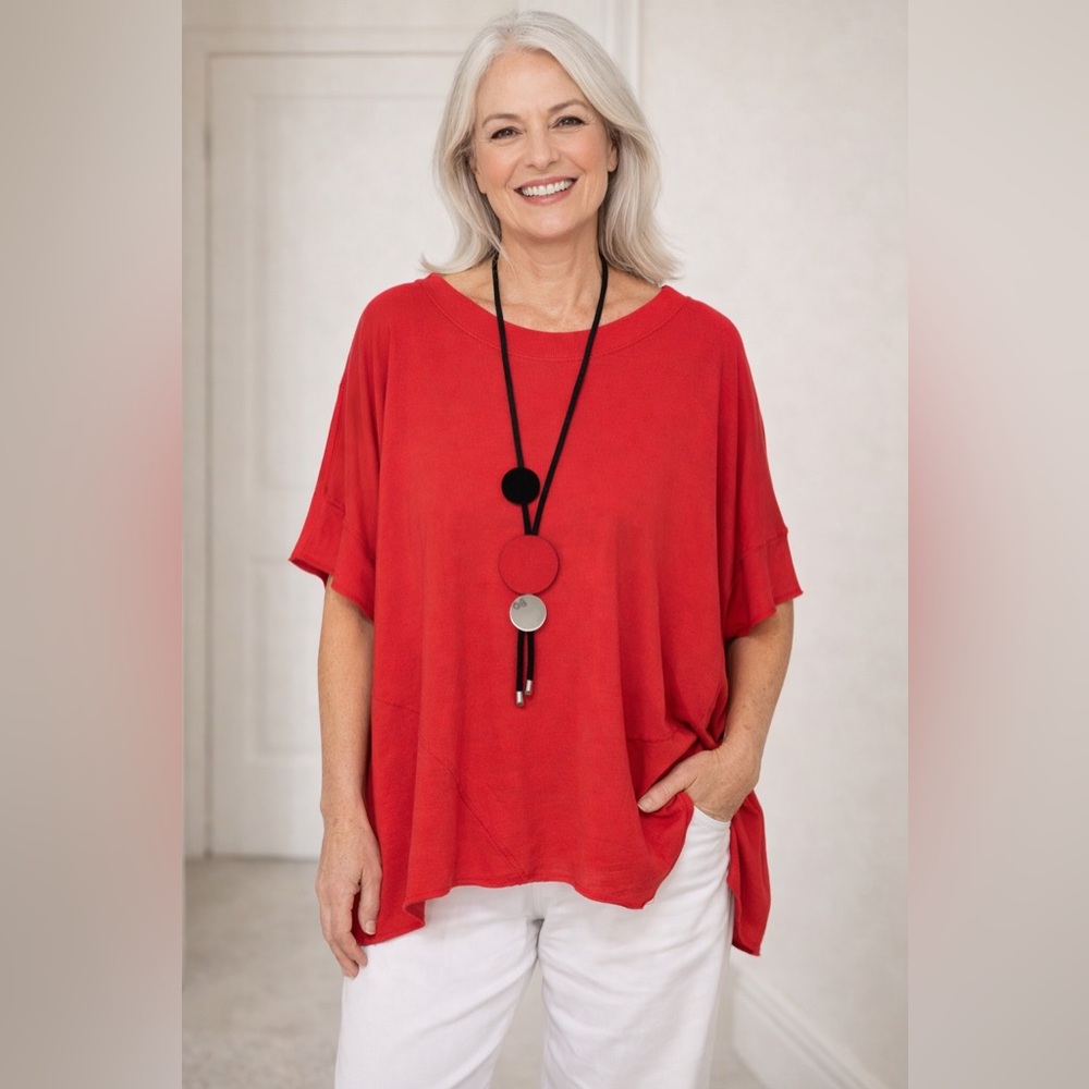 Women's Relaxed Red Short Sleeve Top with necklace